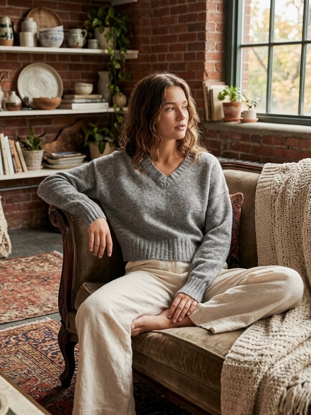 100% Cashmere Free People Soft V-Neck Pullover in Heather Gray